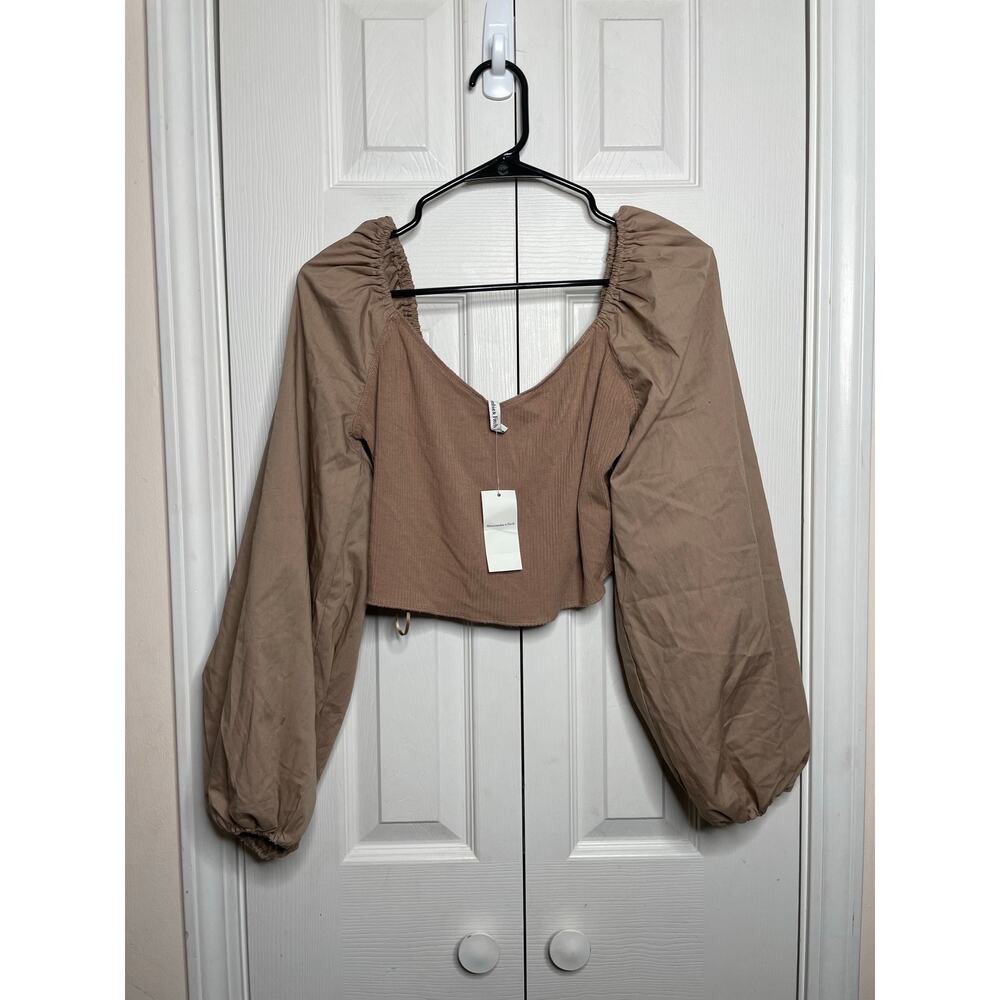 NEW Abercrombie & Fitch Womens Tan Ribbed Balloon Sleeve Blouse Size Large